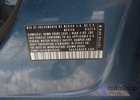 2015 Volkswagen Jetta 1.8T Se z USA, uszkodzony, nr VIN 3VWD17AJ3FM320236